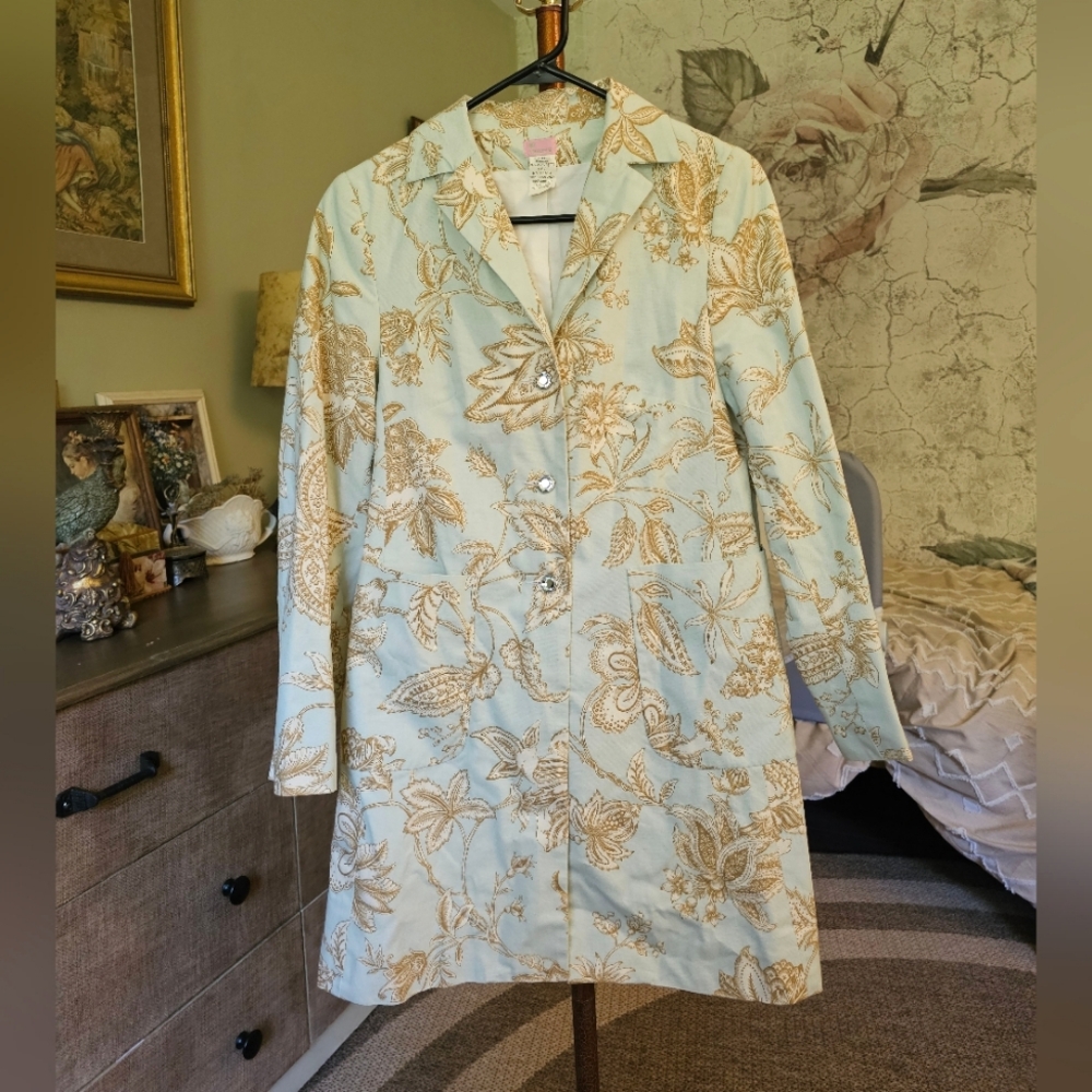 Anthropologie Molly B. Floral Print Coat in Light Blue and Gold